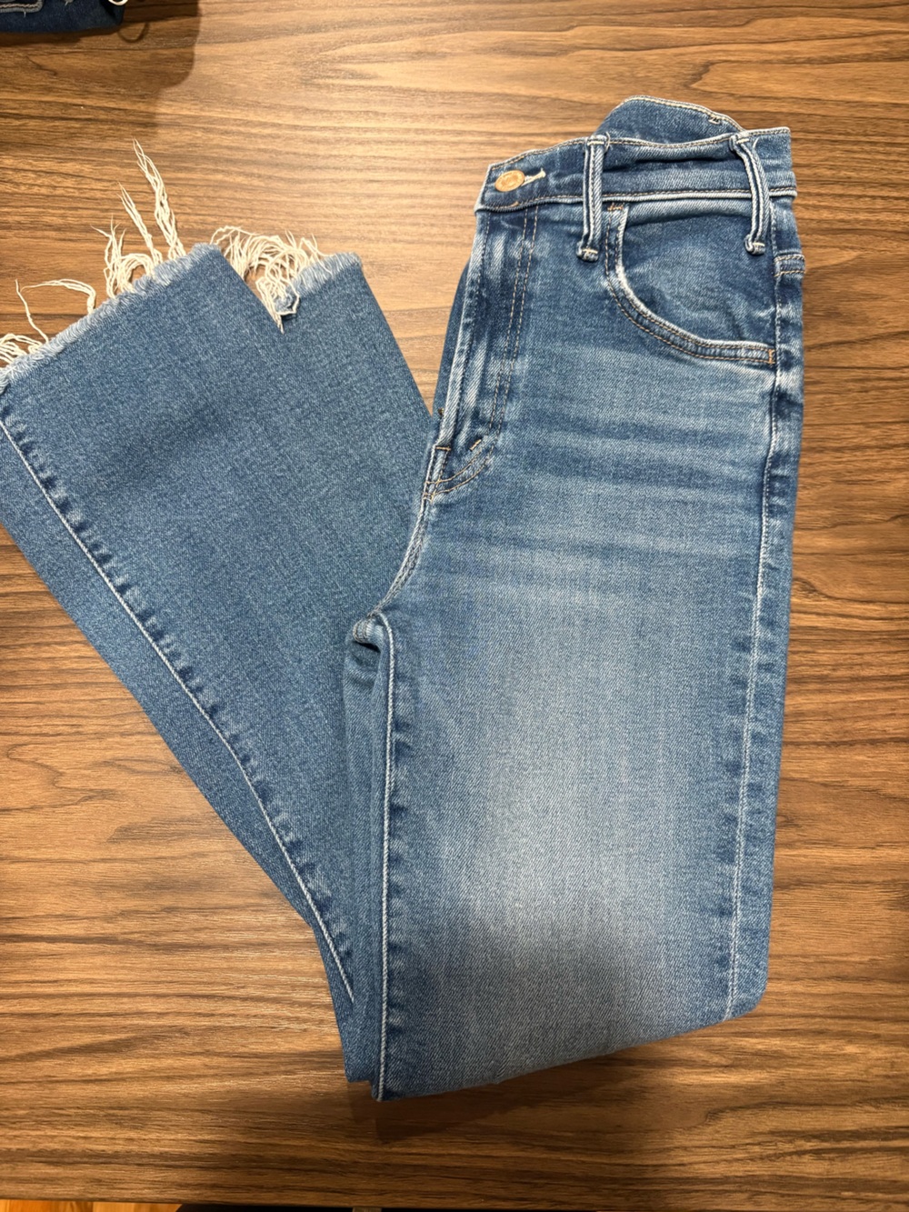 MOTHER Medium Blue Wide-Leg Flare Jeans with Raw Hem